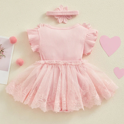 Visgogo Neugeborenen Baby Stram pler Kleid 2 Stück Outfits Mesh Spitze Patchwork Rüschen Bodysuit und Stirnband süße Sommerkleid ung.