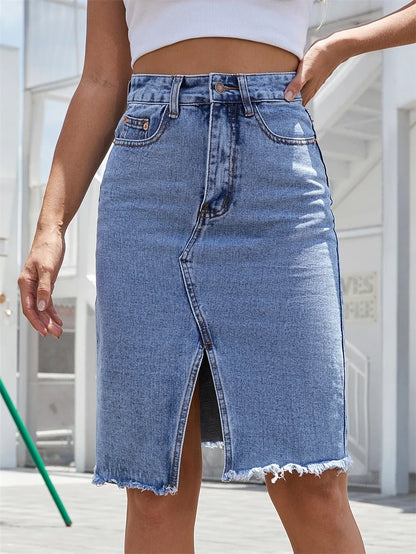 Women's Front Slit Blue Denim Skirt Pockets High Waist Slim Zipper Fly Midi Skirts 2023 Spring Female Casual Streetwear.