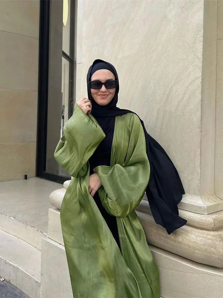 Ramadan Eid Open Satin Kebaya Abaya Dubai Luxury Kimono Kaftan Muslim Islam Dress Abayas For Women Caftan Robe Femme Musulmane.