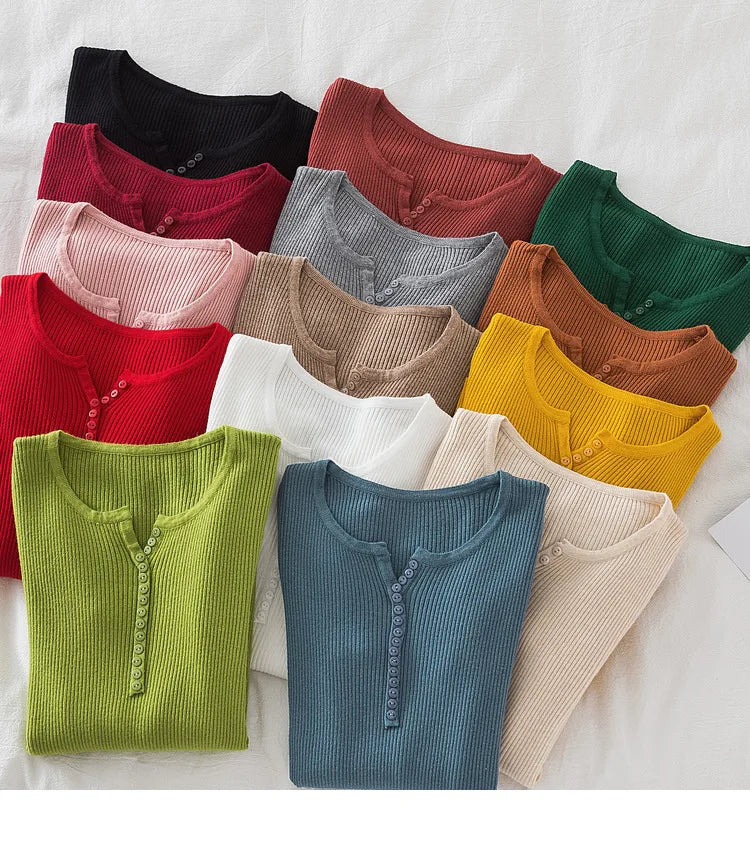 2026 weibliche Casual Tops Pullover Frauen Herbst Winter Gestrickte Dünne Pullover Feste Taste Volle Hülse V-ausschnitt Pullover.