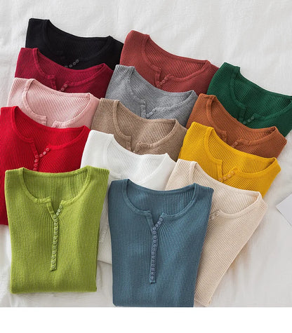 2026 weibliche Casual Tops Pullover Frauen Herbst Winter Gestrickte Dünne Pullover Feste Taste Volle Hülse V-ausschnitt Pullover.