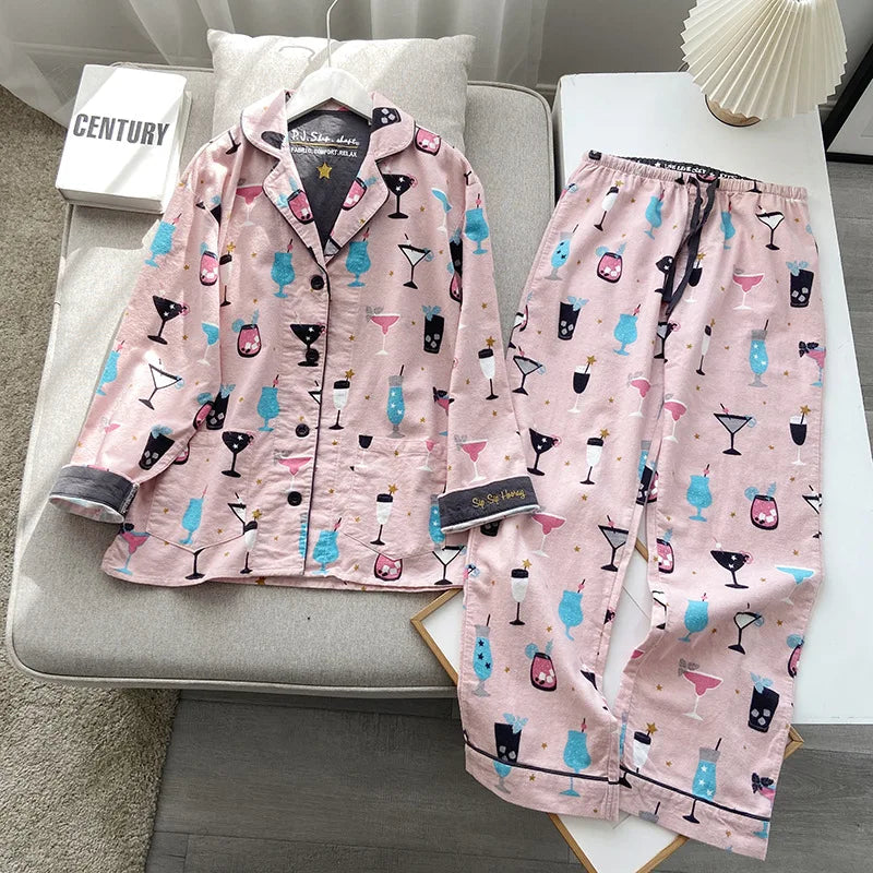 2025 New Pajamas Suit Cotton 2 Piece Set Women Print Cartoon Nightwear Long Sleeve Trousers Set Autumn Loungewear Home Clothes.