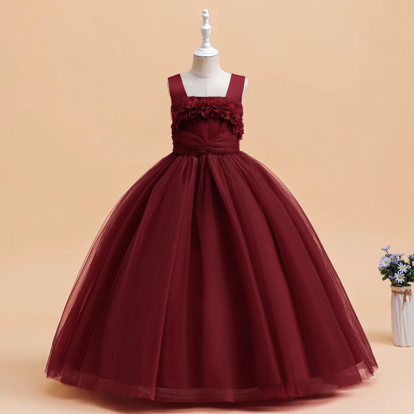 Mädchen Partykleider Weiß Langes Hochzeit Brautjungfer Prinzessin Kleid Abend Tüllkleid Abschlussball Klavier Performance Kleid