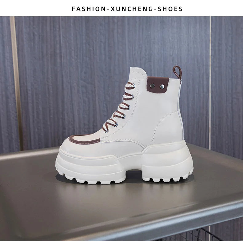 WOIZGIC Women Ladies Mother Genuine Leather Ankle Boots Shoes Lace Up Increase Inside British Style Autumn Winter Plush Fur Warm.