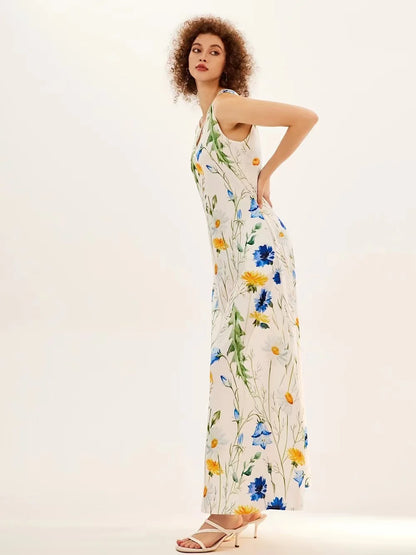 Blumendruck Neues lässiges ärmelloses langes Kleid Damen V-Ausschnitt bedrucktes Kleid Swing Bohemian Retro Kleider