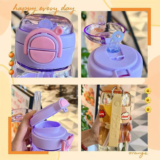 600ml School Girls Cute Water Bottle with Straw for Kids Chilrdren Sports Outdoor Cup.