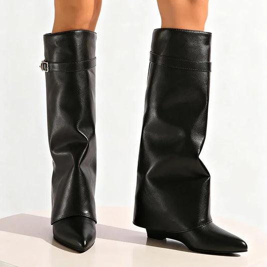 Black Pu Leather Knee High Boots Women Sexy Pointed Toe Straight Leg Boots Woman Punk Style Wedge High Heels Long Botas Mujer.