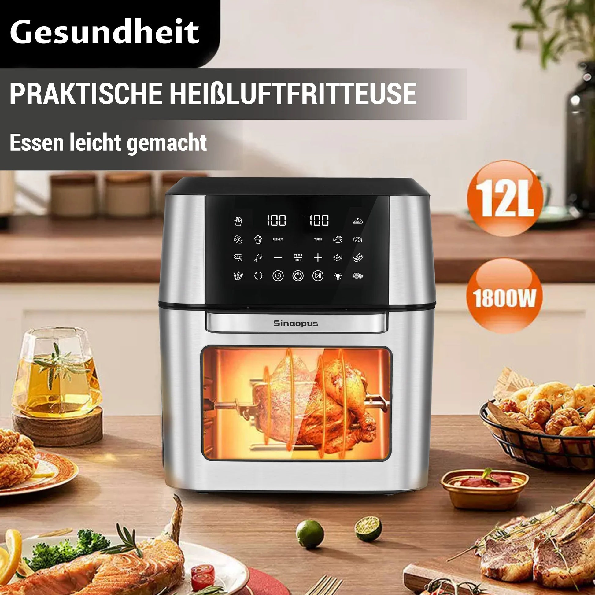 12L Air Fryer Mini Oven,Multi Function Smart machine Air fryers with Glass Viewing Window,Oilless Cooker with LED Touch Control.