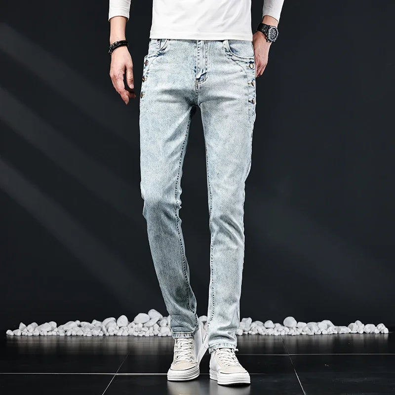 Slim Skinny Jeans Men New Elastic Korean Design Fashion Multi-Button Blue White Vintage Wash Cotton Stretch Denim Pants Trousers.
