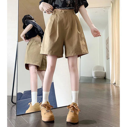 2025 Summer Women Casual Daily Khaki Short Pants Female High Waisted Cargo Shorts Girls Retro Baggy Wide Leg Slacks.