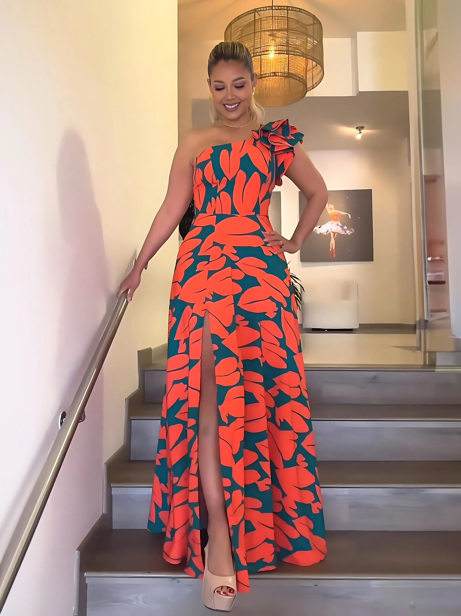 Elegante lange Damenkleider mit Blumenmuster, lässig, trägerlos, A-Linien-Kleider, seitlicher Schlitz für Damen, Sommer.