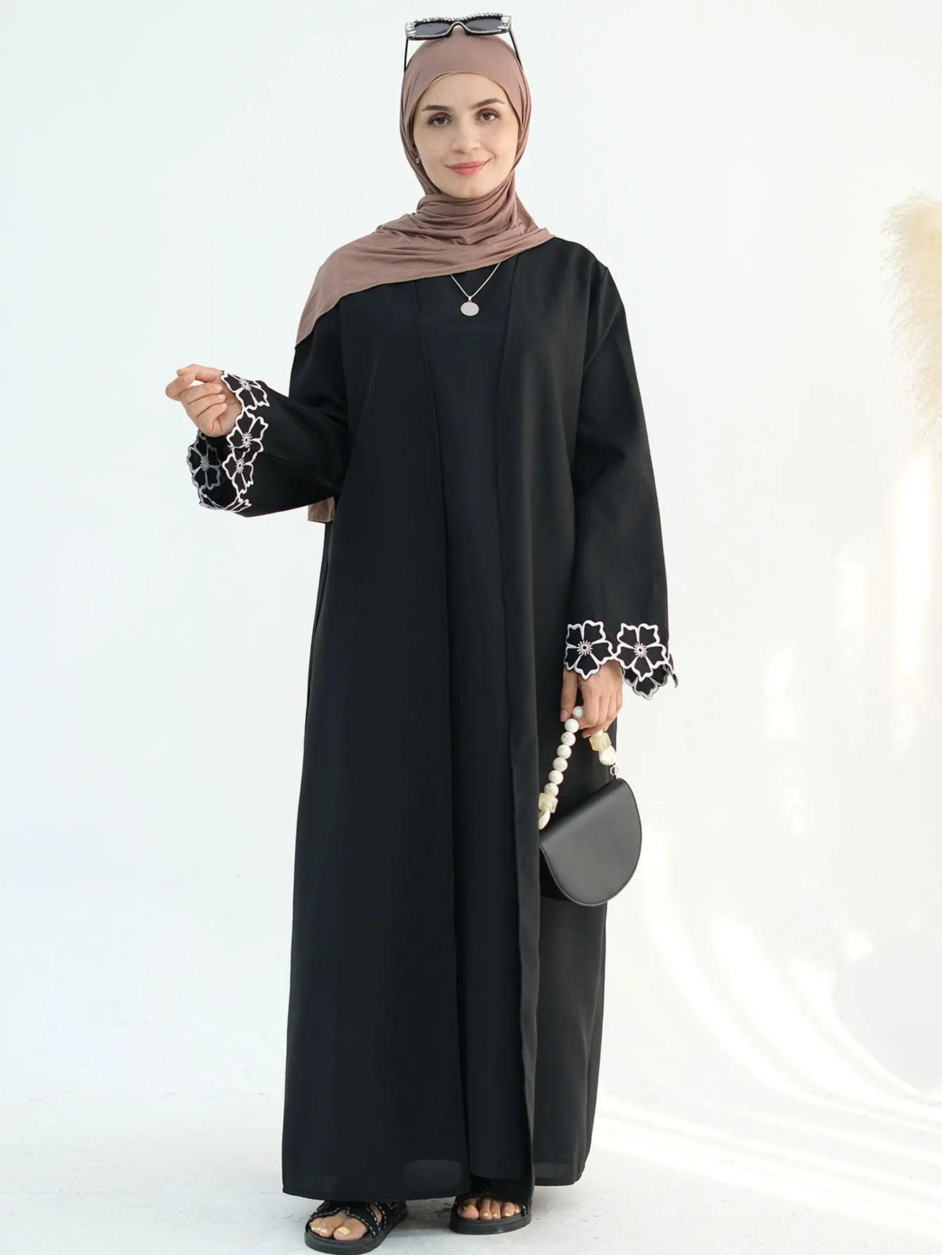 Chic Coffee Color Outer Piece Abaya Geometric Cuff Embroidery Ideal Modern Muslim Women Suitable for Daily/Semi formal Occasion.