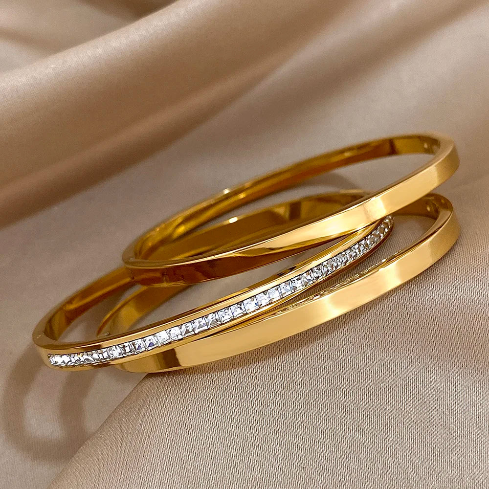 3pcs Glossy Rhinestone Stainless Steel Bangle Bracelet for Women Luxury Gold Silver Color Wristband Bracelet Waterproof Jewelry.