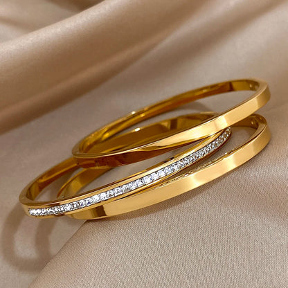 3pcs Glossy Rhinestone Stainless Steel Bangle Bracelet for Women Luxury Gold Silver Color Wristband Bracelet Waterproof Jewelry.