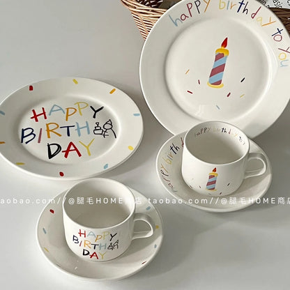 Korean Plate Designer Cute Happy Birthday Tableware Ceramic Coffee Cup Plate Dessert Cake Plate Cup Creative Birthday Gift.