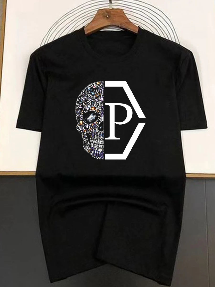 Summer Hip Hop Style Skulls Pattern T-shirt For Men Round Neck Short Sleeve Loose Tops Breathable Comfortable Oversized Clothing.