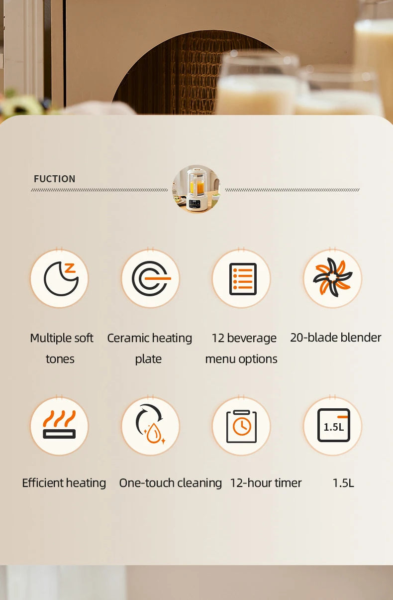 1.5L Soybean Milk Machine Wall Breaking Machine with Soundproof Cover Multifunctional Fruit Vegetable Juicer Automatic Blender.