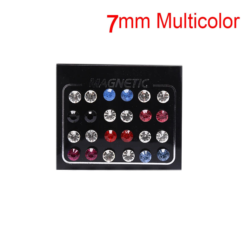 12 Pair(24pcs)/lot 3/4/5/6/7mm Round Crystal Rhinestone Magnet Stud Earring Punk Womens Mens Magnetic Fake Ear Plug Jewelry.