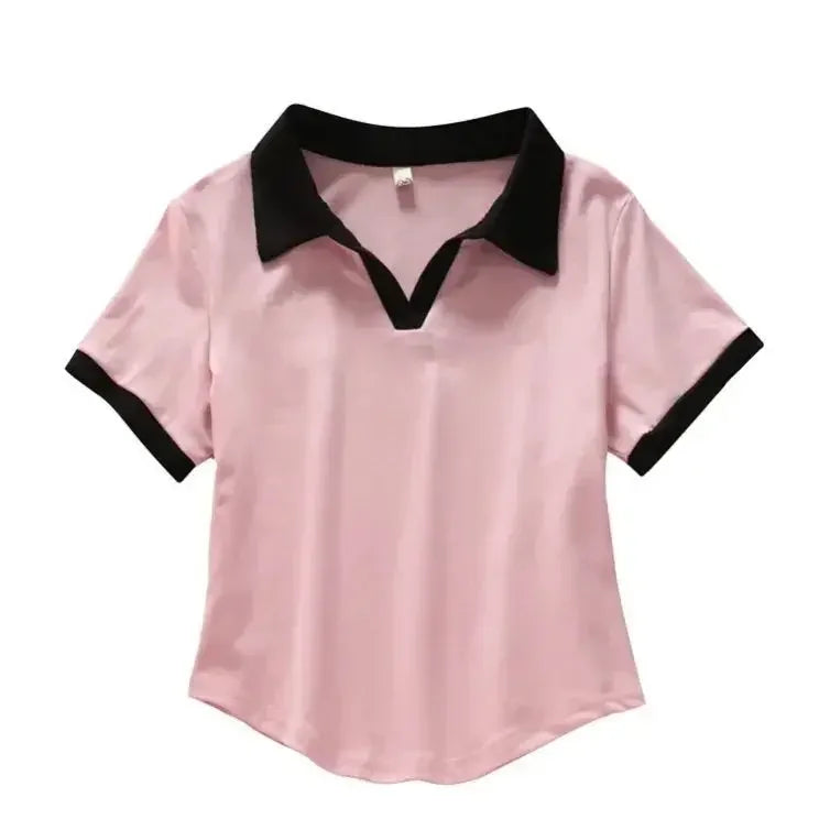 Slim Fit Short Sleeve V-Neck POLO Shirt T-Shirt Korean Design Summer Fashionable Top Half Sleeve Summer Wear Women's Fashion.