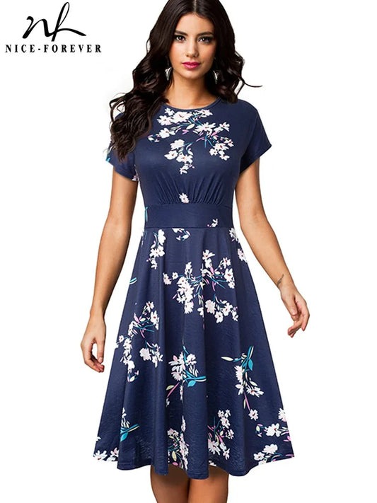Nice-forever Vintage Elegante Blumen Druck Plissee Rundhals vestidos A-Line Pinup Business Party Frauen Flare Swing Kleid A102.