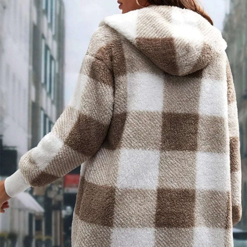 Frauen Herbst Winter Doppel Fleece Plaid Strickjacke Weiche Lose Lange Hülse Plüsch Warme Mit Kapuze Jacke Weibliche Patchwork Oberbekleidung Mantel.