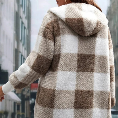 Frauen Herbst Winter Doppel Fleece Plaid Strickjacke Weiche Lose Lange Hülse Plüsch Warme Mit Kapuze Jacke Weibliche Patchwork Oberbekleidung Mantel.