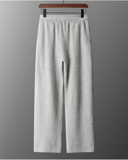 Classic Versatile 100% Cashmere Pants Men High Waist Knitted Straight Pants Solid Color Loose Thin Wide Leg Pants.