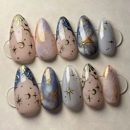 24pcs Romantic Y2k Star Press On Nails Gradient Blue French Style Gold Moon Designs Fake Nail Sweet Almond False Nails For Women