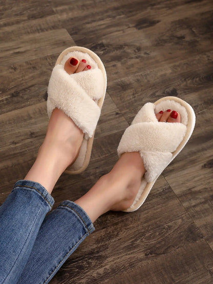 Fashion Cross Strap Fur Slippers Women Indoor Light Warm Plush Home Slippers Woman Faux Fur Flat Heel Couple Slides Plus Size 43.