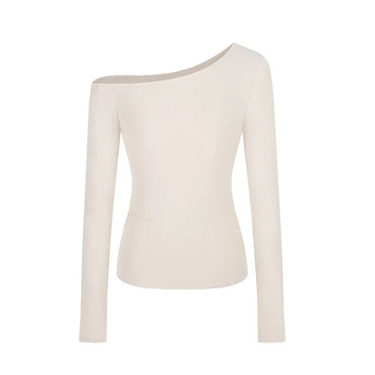 1pcs Spring Autumn Fashion Skew Collar Off-shoulder Long-sleeved T-shirts Women New Solid Slim Fit Sexy Tees Shirts Student Tops