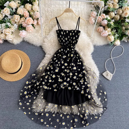 Frauen Kleid 2023 Neue Sommer Mode Fee Mesh Party Kleid Koreanische Pop Floral Print Urlaub Strand Kleid Streetwear Sommerkleid.