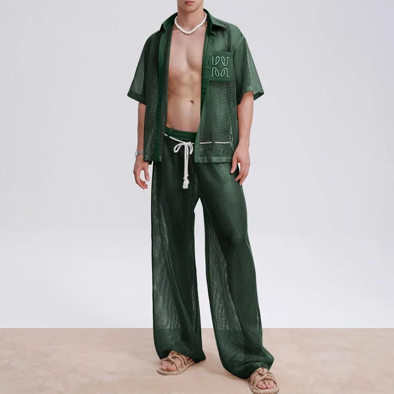INCERUN Men Sets Mesh Patchwork See Through Sexy Short Sleeve Shirts & Pants Two Pieces Sets Streetwear 2025 Men's Casual Suits.