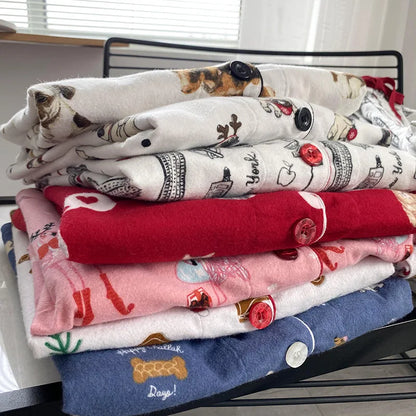 2025 New Pajamas Suit Cotton 2 Piece Set Women Print Cartoon Nightwear Long Sleeve Trousers Set Autumn Loungewear Home Clothes