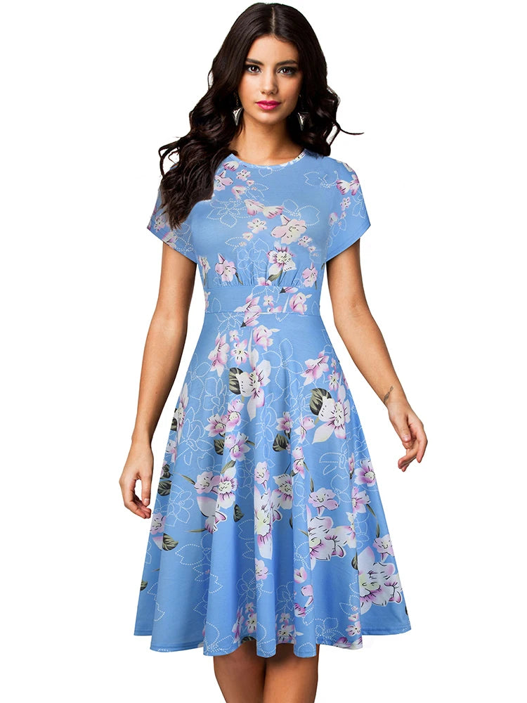 Nice-forever Vintage Elegante Blumen Druck Plissee Rundhals vestidos A-Line Pinup Business Party Frauen Flare Swing Kleid A102.