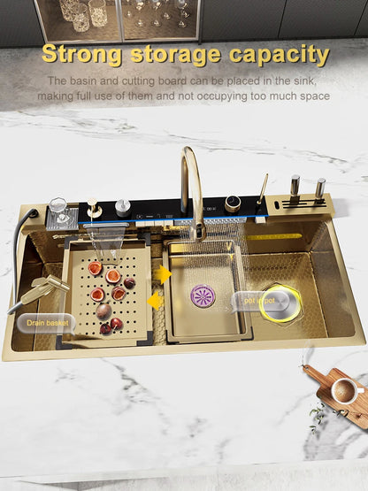 Waterfall Stainless Steel Kitchen Sink Intelligent Digital Display Faucet Large Single Slot Dishwash Bowl Wash Vegetables Basin