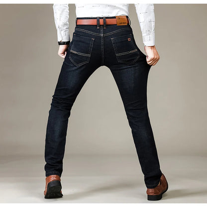 Autumn Classic Men's Fitted Stretch Jeans Business Casual Cotton Denim Straight Leg Pants Male Black Blue Trousers.