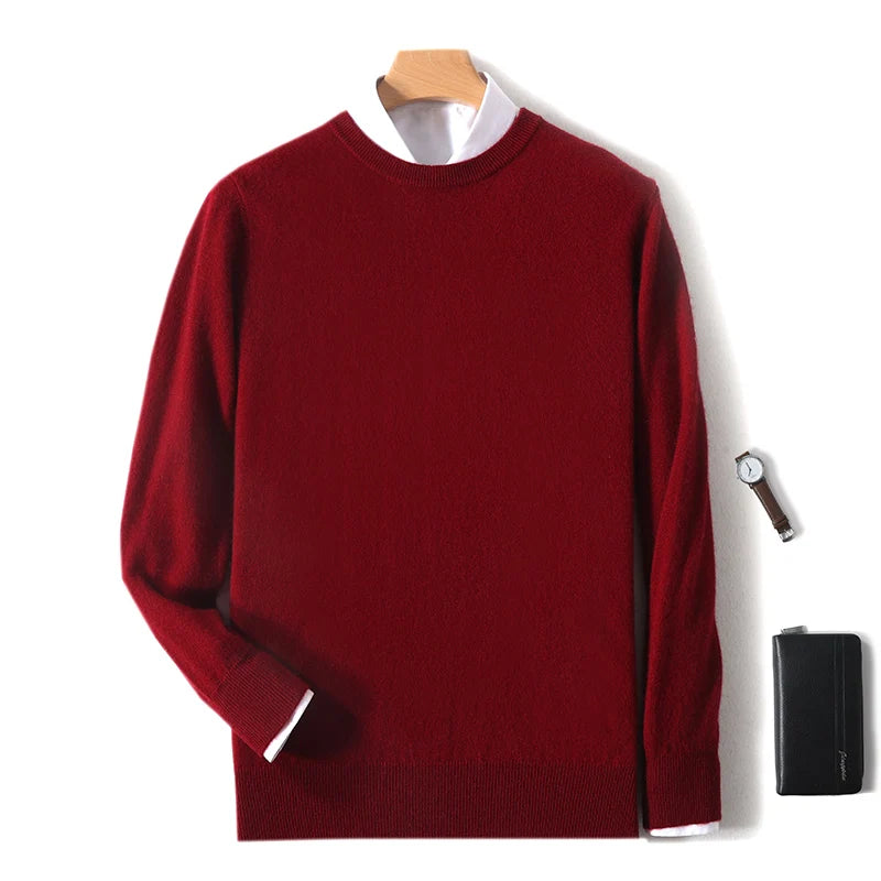 2025 100% Pure Merino Wool Men's Round Neck Pullover Solid Color Plus Size Casual Sweater Autumn And Winter Sports Cashmere Top.