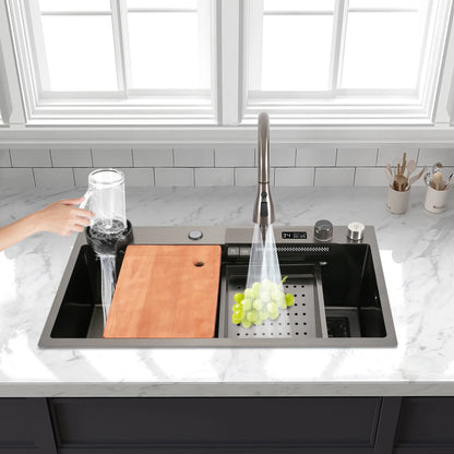 Intelligentes Küchenspülbecken mit digitalem Wasserhahn, Nano-beschichtetes Edelstahlspülbecken, ausziehbares Sprühgerät, Schneidebrett im Lieferumfang enthalten für Zuhause