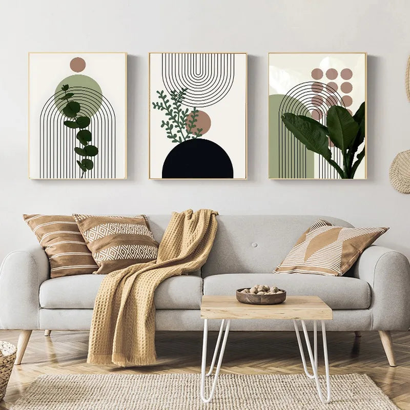 3 Pieces Bohemian Light Frameless Canvas Painting Simple Green Leaves Plant Poster Simple Lines Bedroom Decorative Wall Art.
