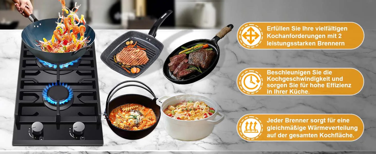 EU Certified 2 Burner Gas Hob 30cm Tempered Glass | Built-in w/Cast Iron Rack Dual Fuel (NG/LPG) 5200W Flame Failure Black.