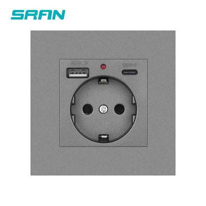 SRAN EU-Standard-Wandsteckdose mit USB und Typ-C 20 W Schnellladung, 5 V/2 A Doppelanschlüssen, 86 x 86 mm flammhemmendes Panel, CE-zertifiziert.