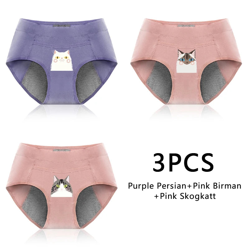 3PCS Cotton Menstrual Panties Leak Proof Breathable Cartoon cat Panties Woman Women Girls Physiological Pants Women's Intimates
