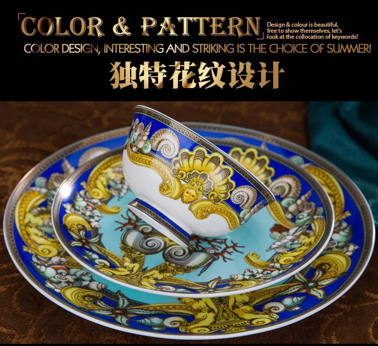 Luxury Blue Ocean Bone China Dishes Plates Western Clubhouse Upscale Heart Of The Sea Ceramic Tableware Decorative Plate.