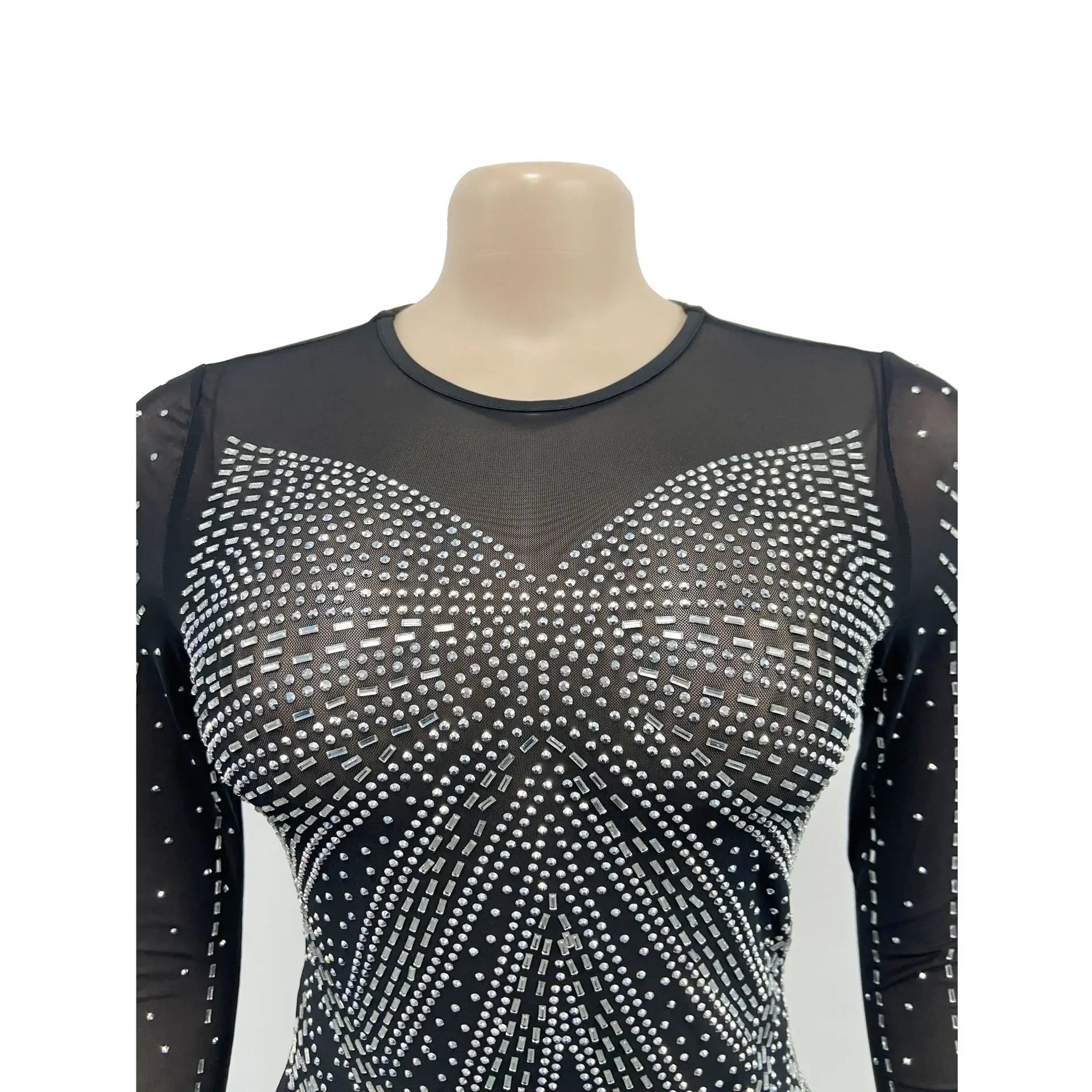 XIZOU Frauen Mesh Patchwork Diamanten Heißer Strass Bodenlangen Bodycon Meerjungfrau Maxi Kleid Sexy Party Abend Vestidos 2024.