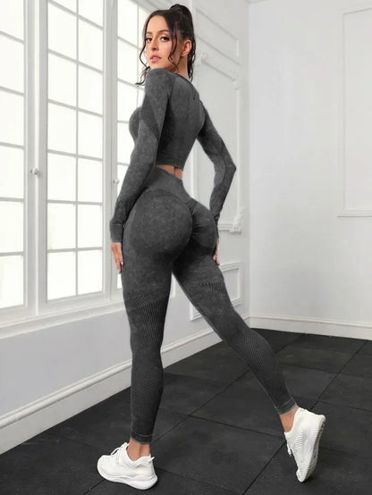 2 Piece Acid Wash Gym Set Women Seamless Long Sleeve Leggings Tracksuit Sports Fitness Suit Scrunch Workout Clothes Yoga Outfits.