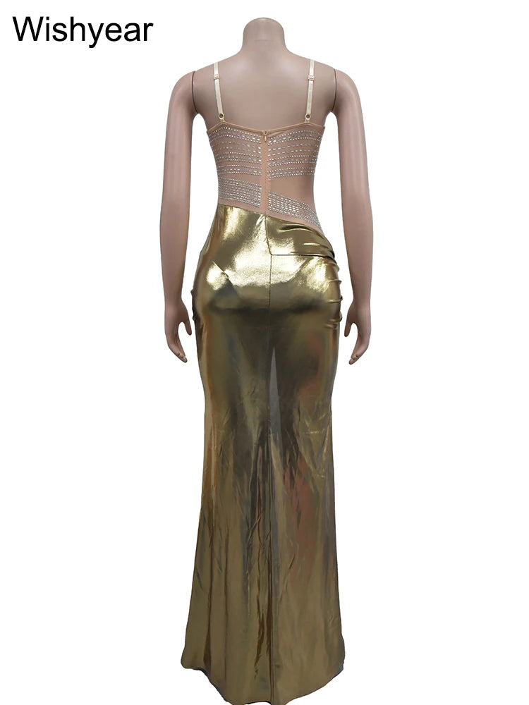 Wisheyar elegante Promi Glitter Metallic Silber Geburtstag lange Kleider Frauen ärmellose Front Split Luxus Geburtstag Vestidos.