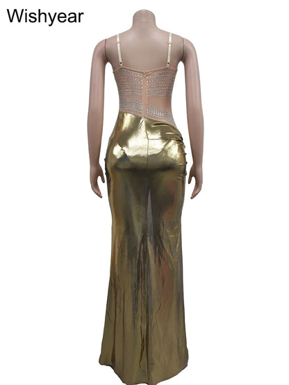 Wisheyar elegante Promi Glitter Metallic Silber Geburtstag lange Kleider Frauen ärmellose Front Split Luxus Geburtstag Vestidos.