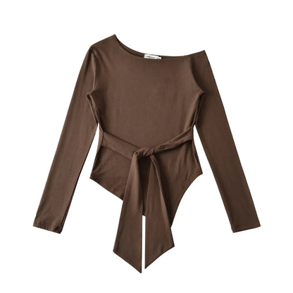 Sexy Long Sleeve T-Shirt Women's Waist Cinched Shoulder Bared Strap Design Autumn 2025 Irregular Halter Neck Top for Trendy Girl.