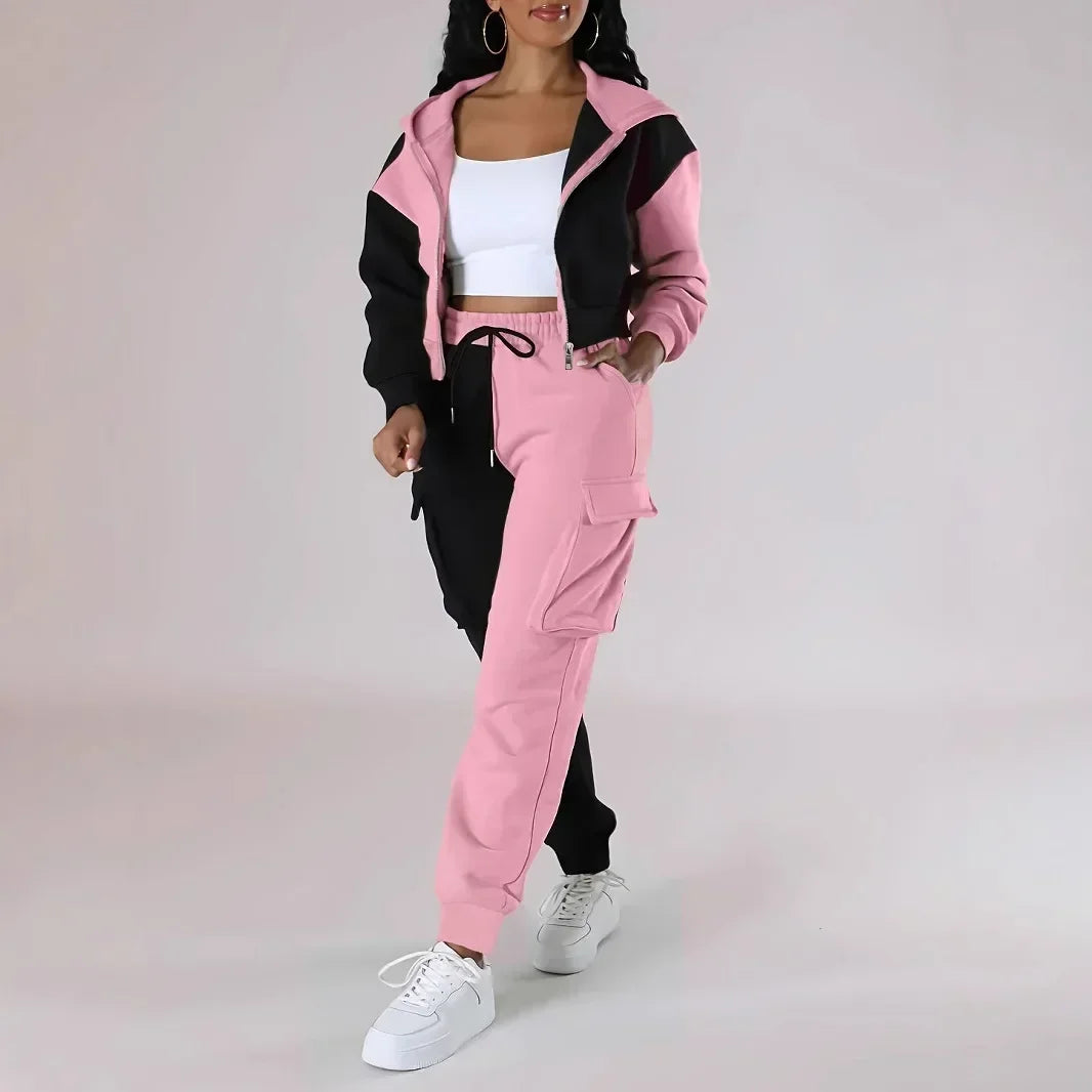 Women Loose Autumn Winter Two Pieces Suit Matching Sets Hoodie Tracksuit Blocked Zipper Short Outerwear Drawstring Cargo Pants.