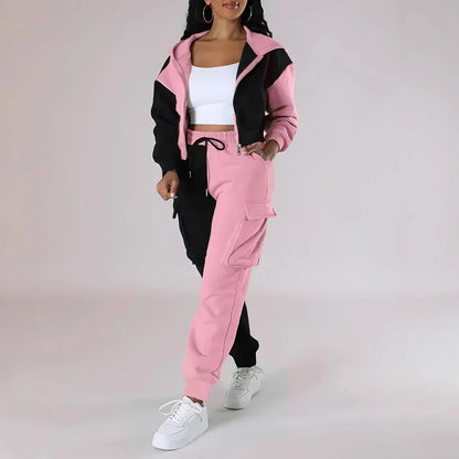 Women Loose Autumn Winter Two Pieces Suit Matching Sets Hoodie Tracksuit Blocked Zipper Short Outerwear Drawstring Cargo Pants.